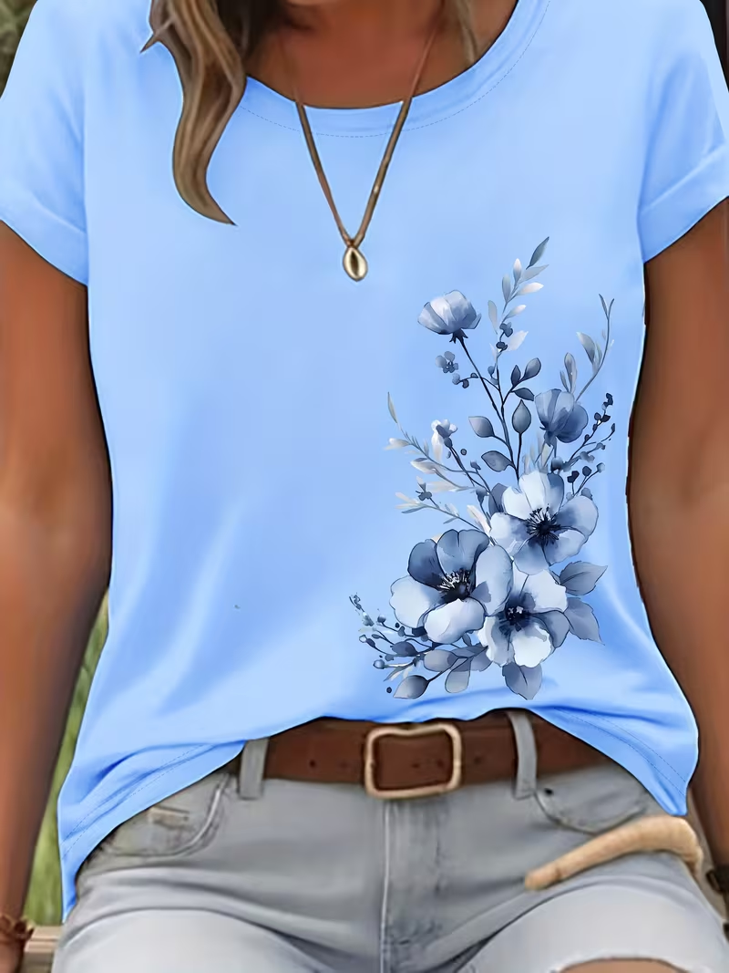 Women's Short Sleeve T-shirt Summer Blue Floral Printing Jersey Crew Neck Daily Going Out Casual Top