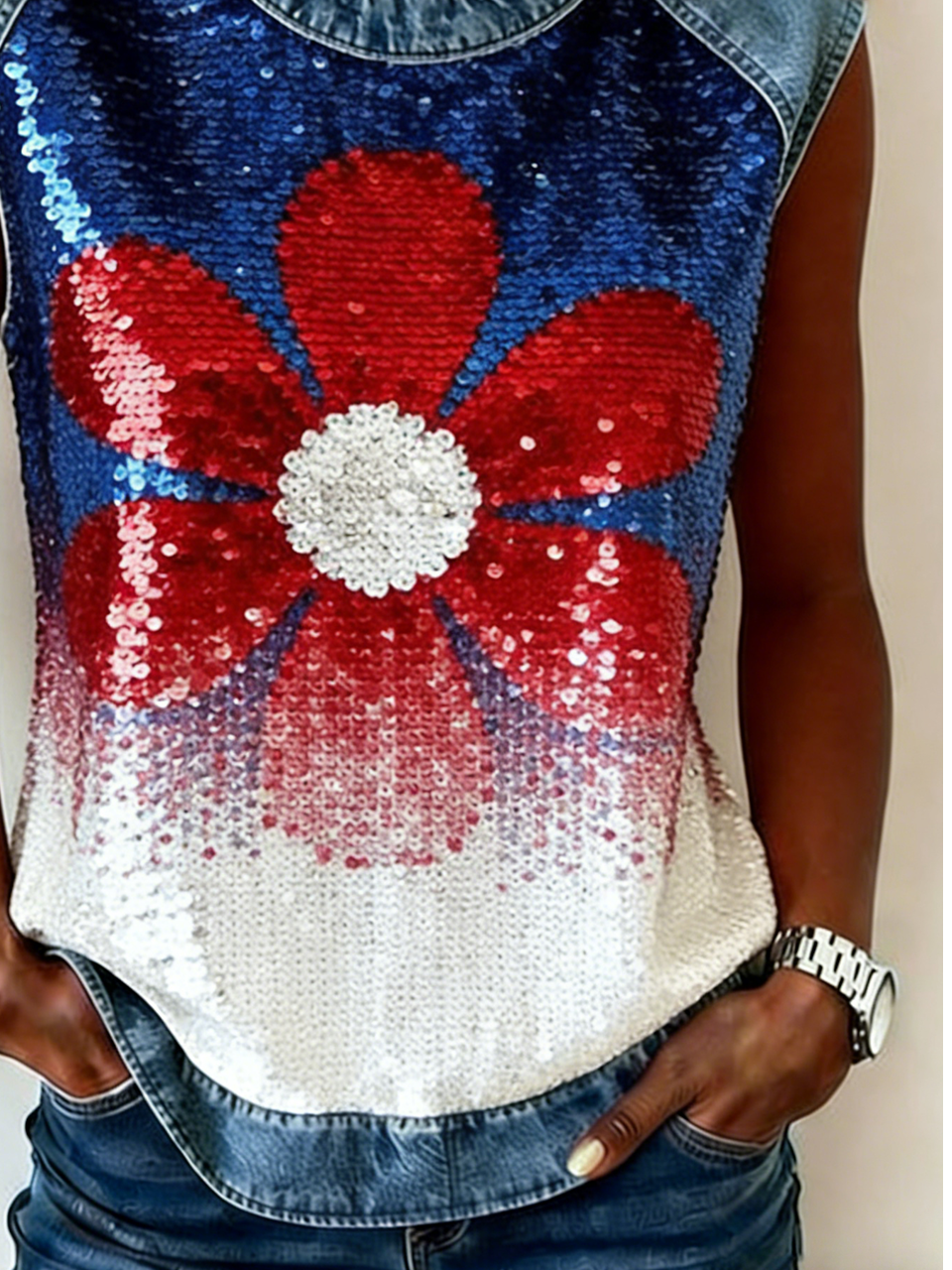 Gradient Pattern Crew Neck Loose Vintage Tank Top