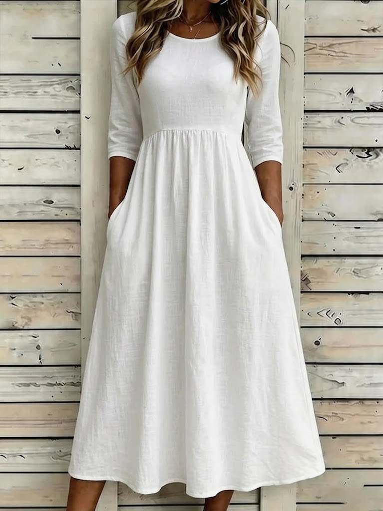 Women's Half Sleeve Summer White Plain Printing Crew Neck Daily Going Out Casual Maxi H-Line Dress