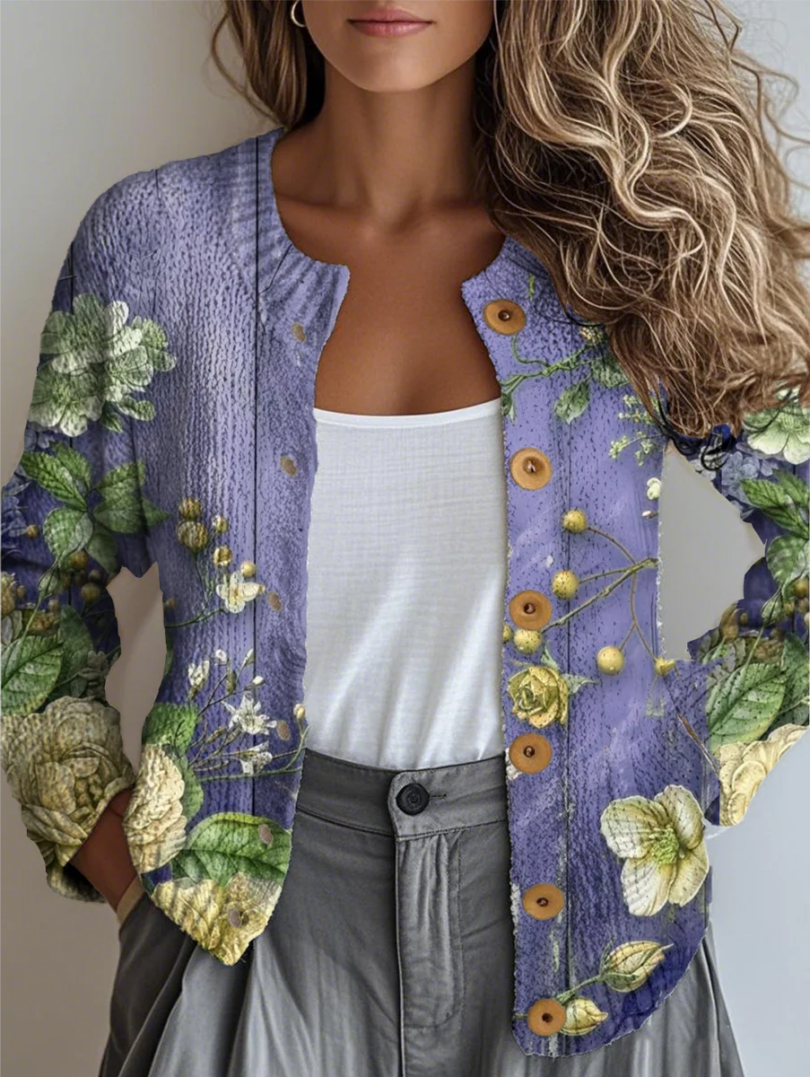 Women's Retro Floral Pattern Casual Loose Long Sleeve Cardigan Regular Autumn and Winter Tops