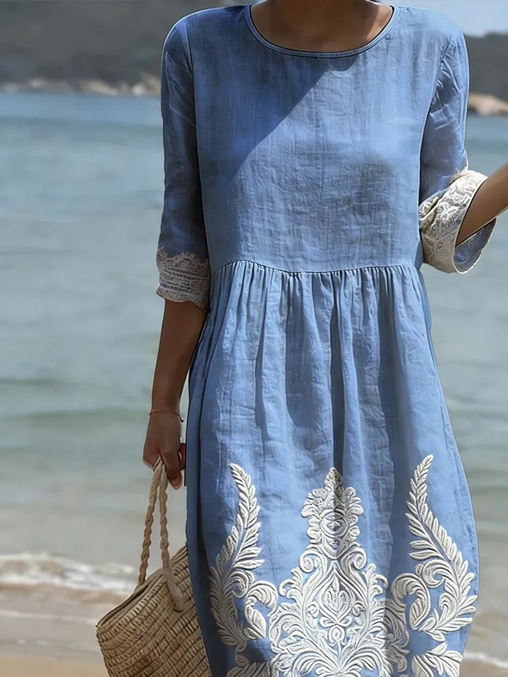 Loose Others Vintage Linen Blend Dress With No