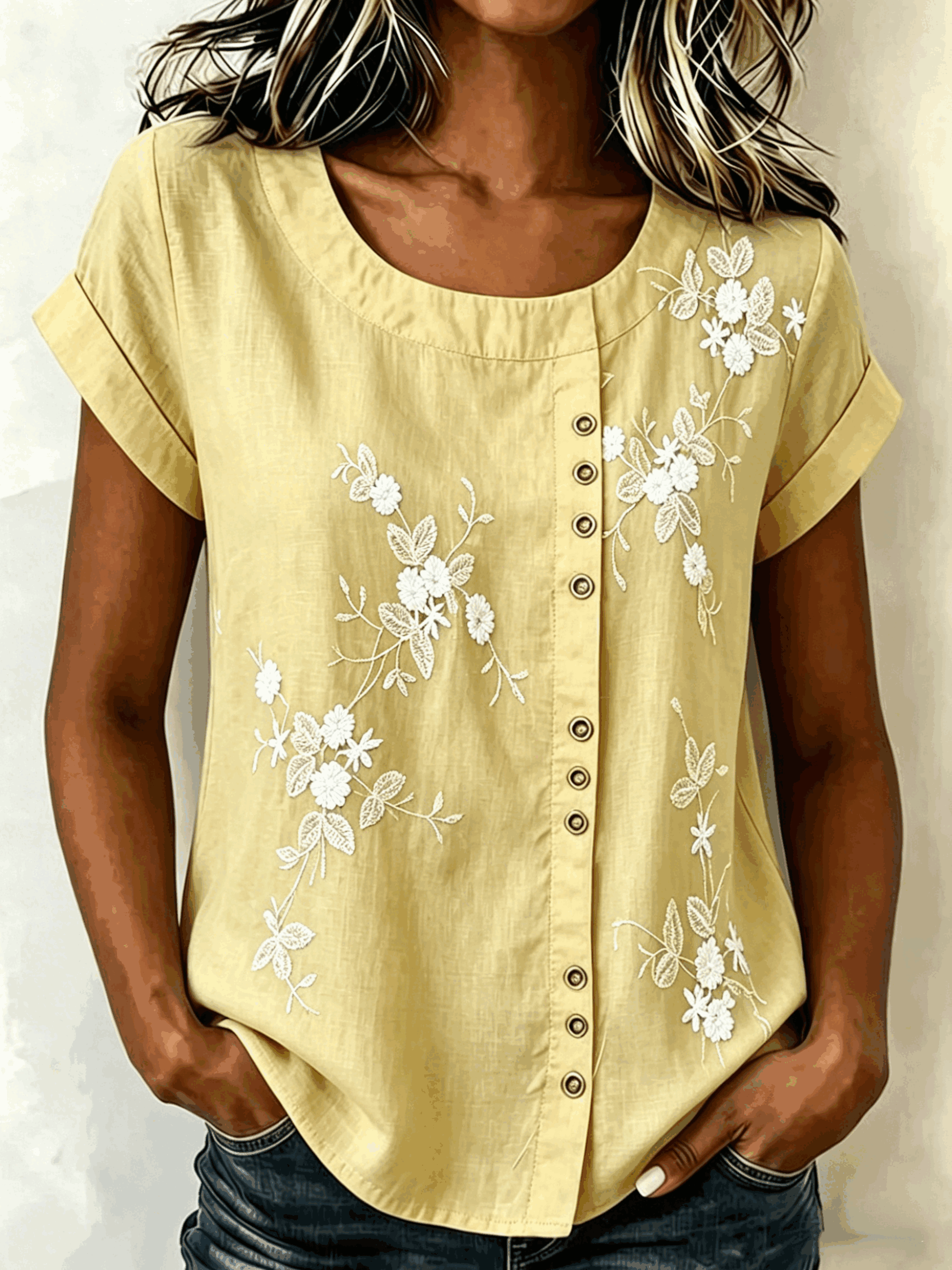 Women's 3D Floral Print Blouse Casual Short Sleeve Crew Neck Loose Button Down Shirt