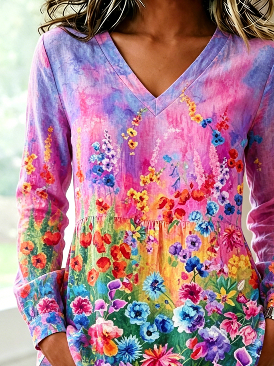 V Neck Floral Loose Simple Shirt