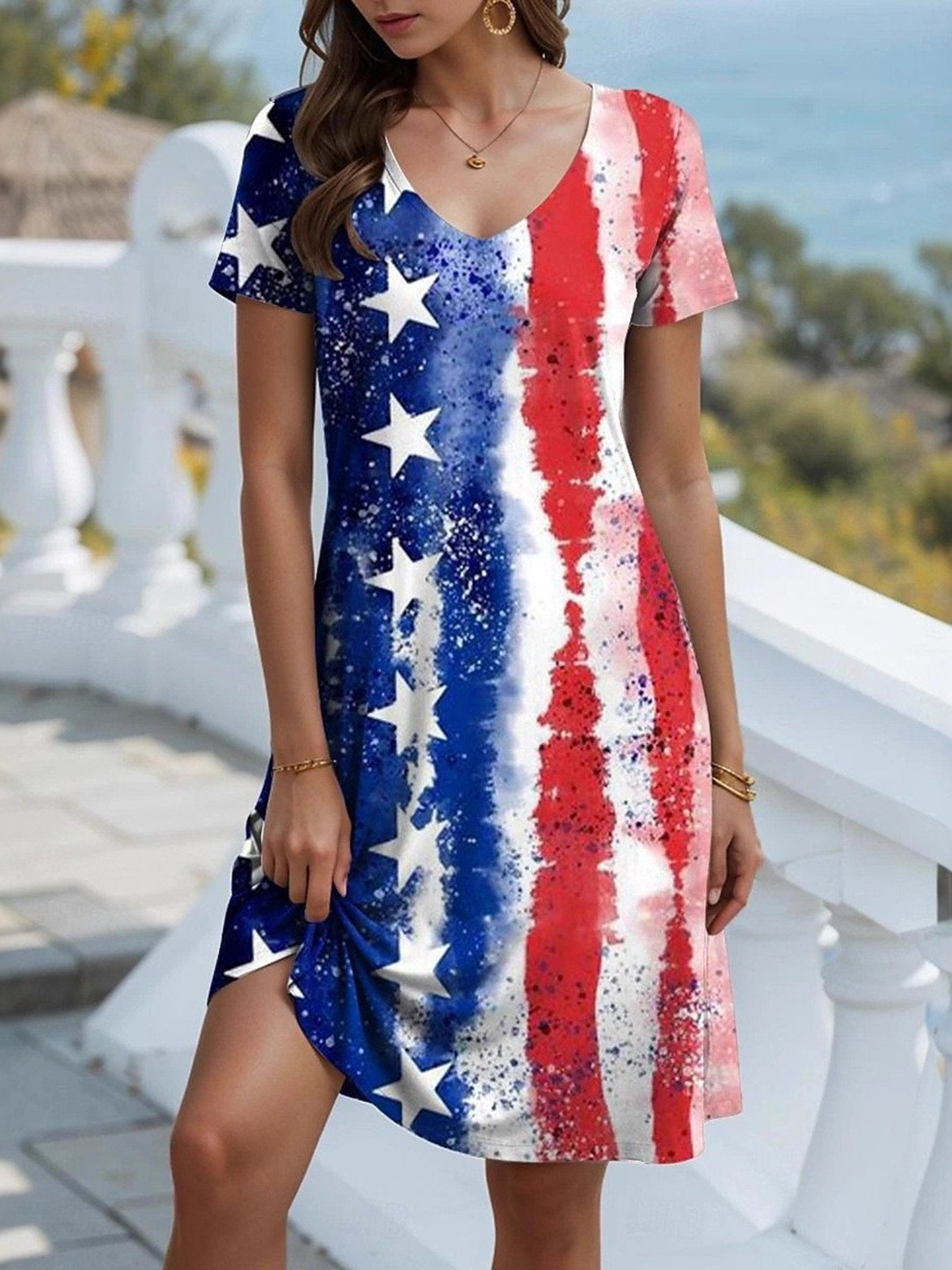 Women's 250th Anniversary Of The Founding Of the United States Independence Day Vintage Short Sleeve V Neck Neck A-Line 3D Printing Daily Going Out Casual Midi Dress