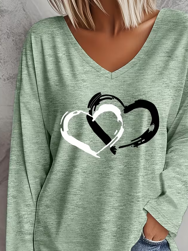Women's Long Sleeve T-shirt Spring/Fall Green Heart/Cordate Printing Jersey V Neck Daily Going Out Casual Top