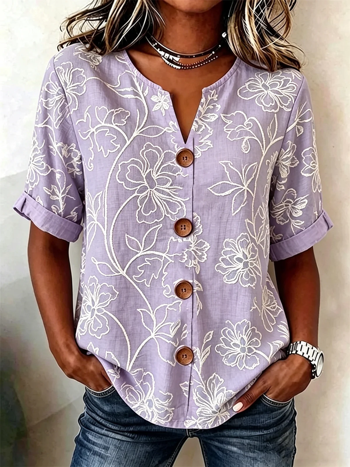 Vintage Blue Floral V-Neck Blouse with Wooden Buttons
