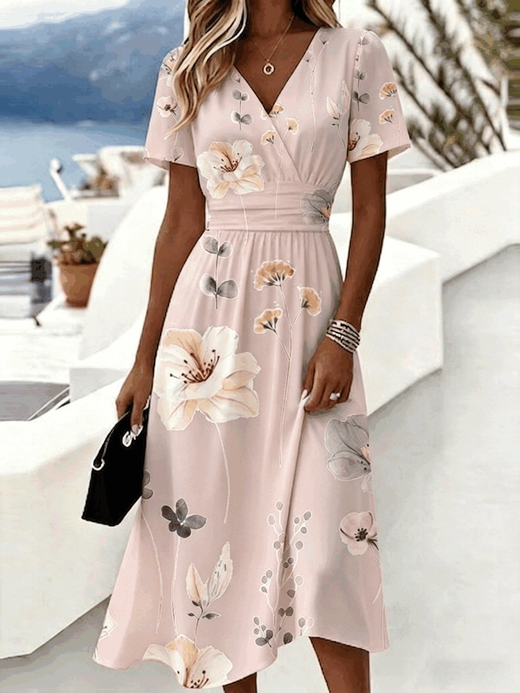 Casual Light Blue Flower Print V Neck Midi Dress Short Sleeve Elastic Waist Flowy Summer Dress