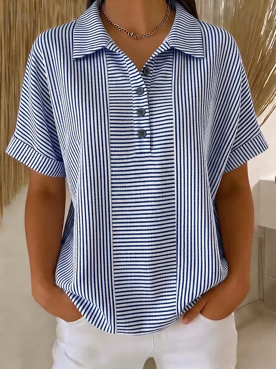 Stripe Print Polo Collar Button Down Short Sleeve T-Shirt