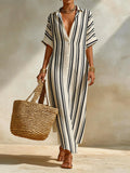Striped Casual Shawl Collar Loose Dress With No