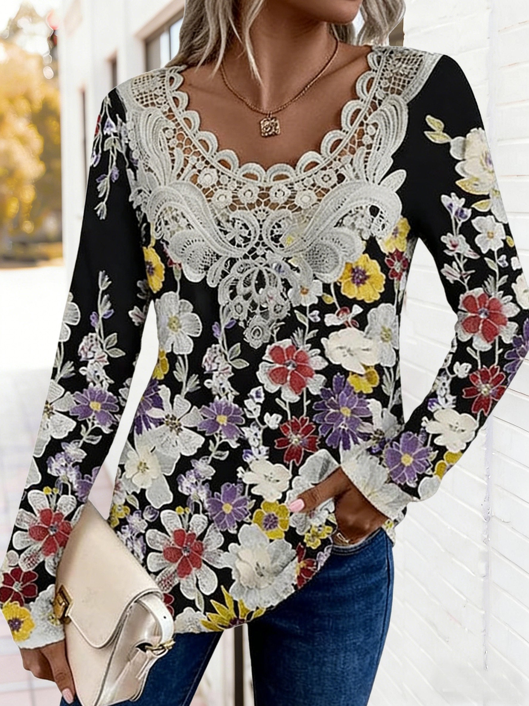 Lace Floral Printing V Neck Casual T-Shirt