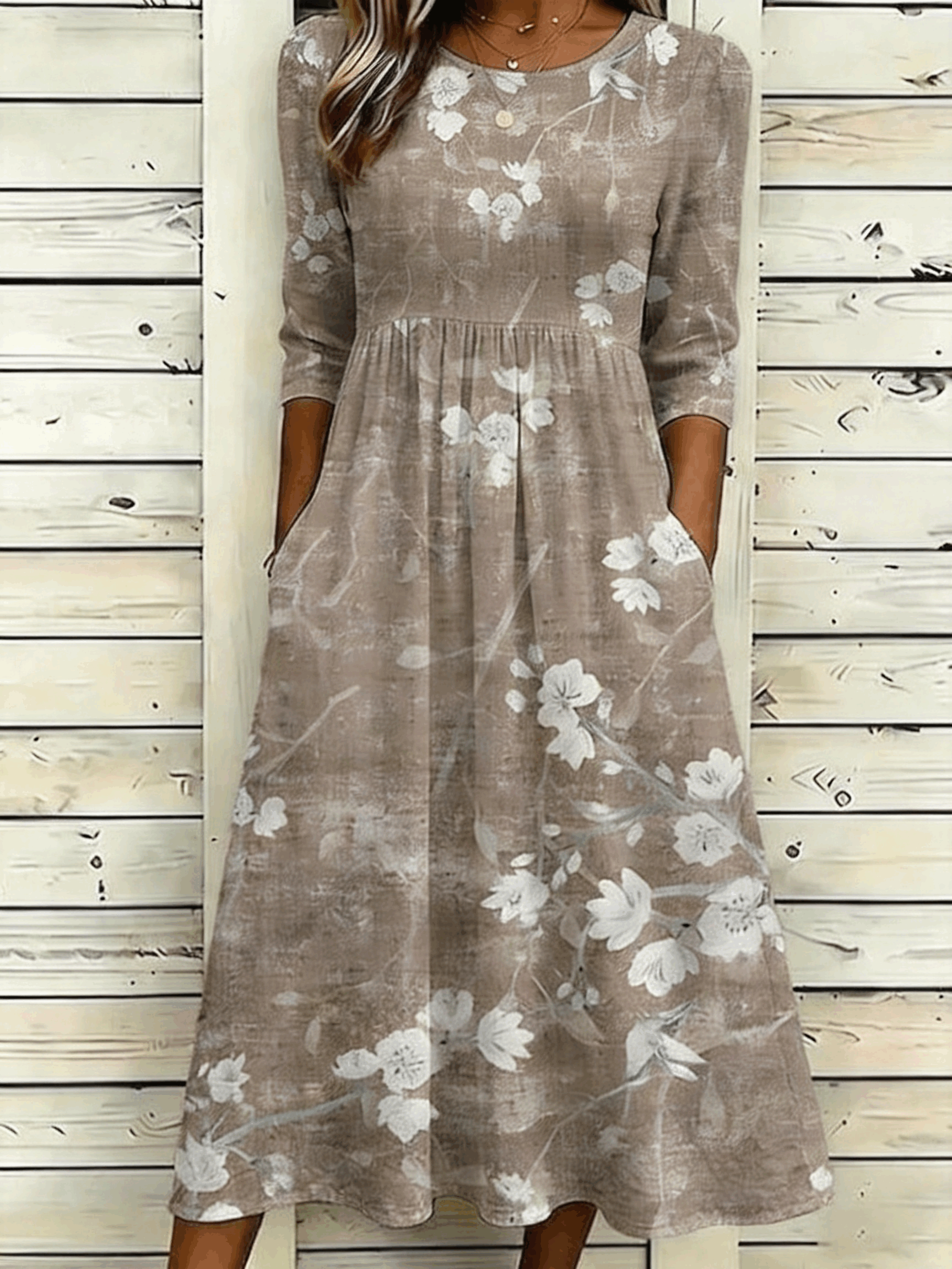 Branch Floral Print Round Neck 3/4 Sleeve A-Line Midi Dress