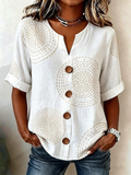 Women's Geometric Print Linen Blend V-Neck Button Front Rolled Sleeve Blouse