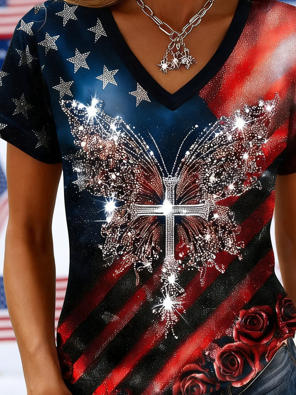 Vintage 3D Printing America Flag Floral Short Sleeve V Neck Butterfly Casual T-Shirt