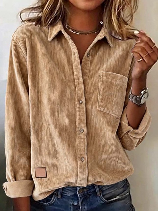Women's Long Sleeve Shirt Spring/Fall Camel Plain Split Joint Polyester Cotton Shawl Collar Daily Going Out Casual Top