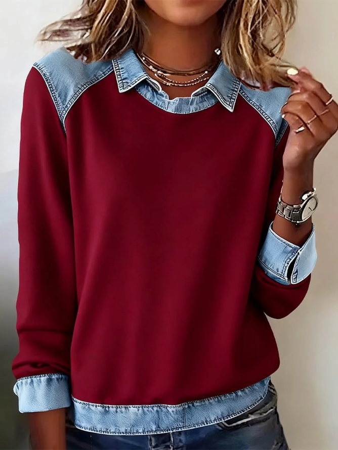 Women'S Casual Lapel Denim Stitching Pullover Sweatshirt