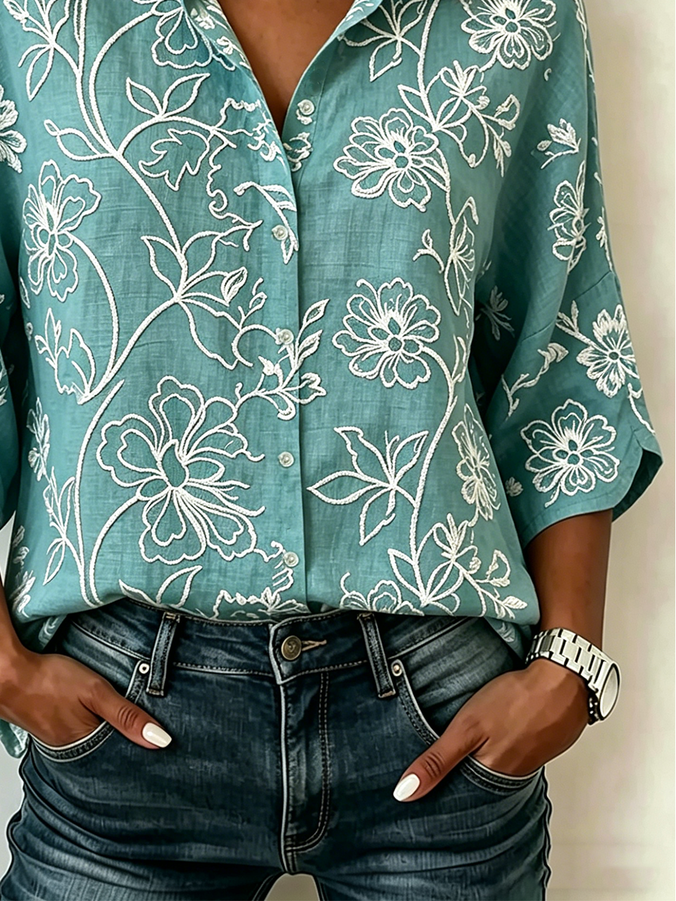 Vintage Botanical Pattern Shawl Collar Cotton And Linen Blouse