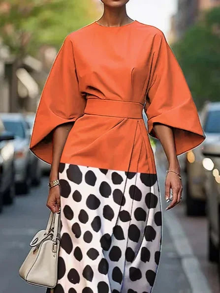 Women's Half Sleeve Summer Orange Polka Dots Printing Crew Neck Daily Going Out Vintage Maxi H-Line Fit & Flare Dress Dress