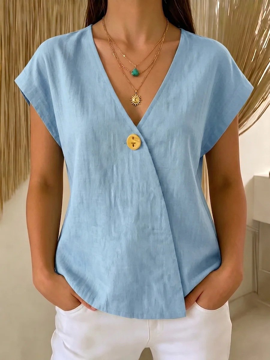 Plain Linen Blend Elegant Loose T-Shirt