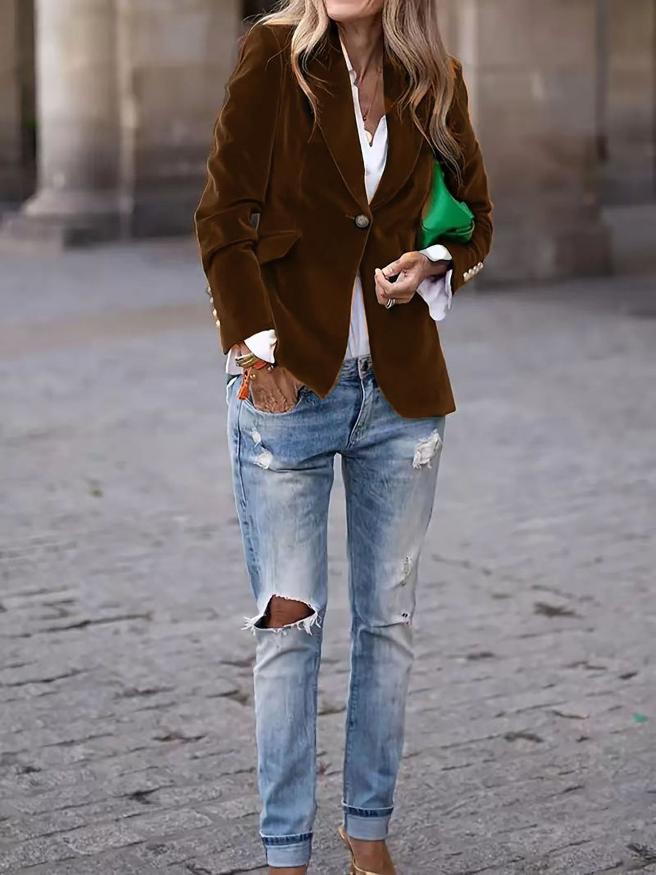 Pleuche Dressy Split Joint Lapel Collar Plain Blazer