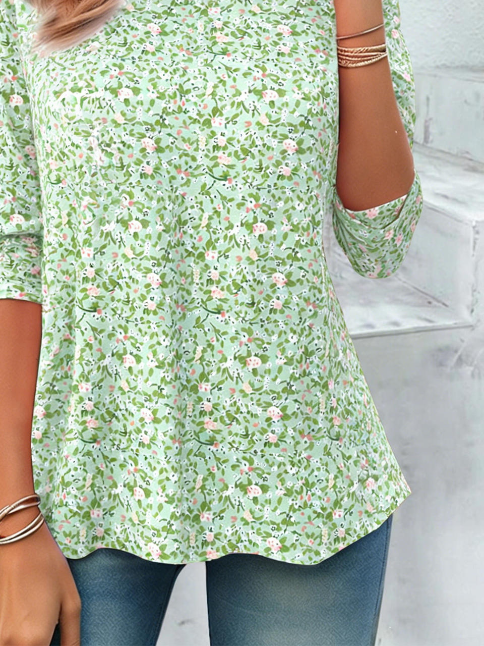 Cotton Casual Crew Neck Ditsy Floral T-Shirt