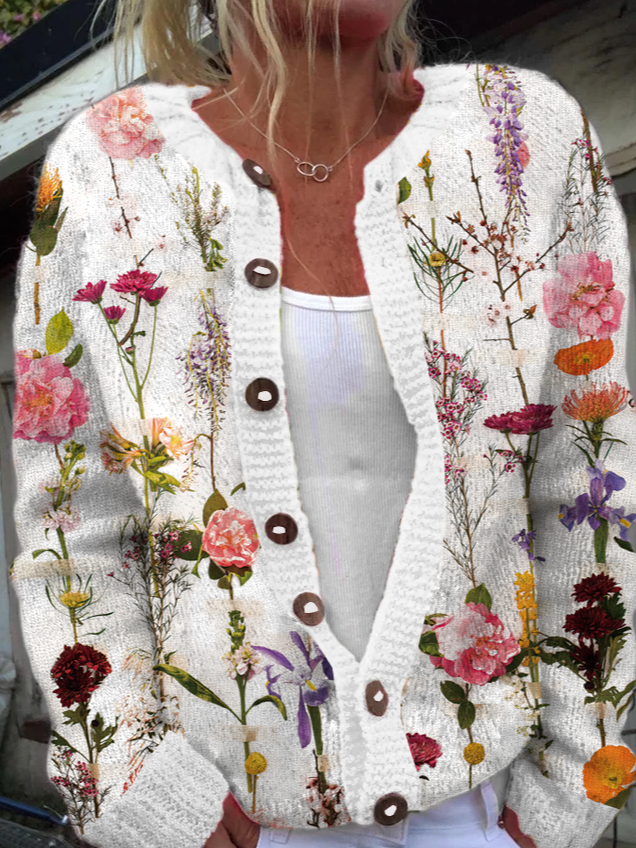 Casual Crew Neck Plants Floral Cardigan