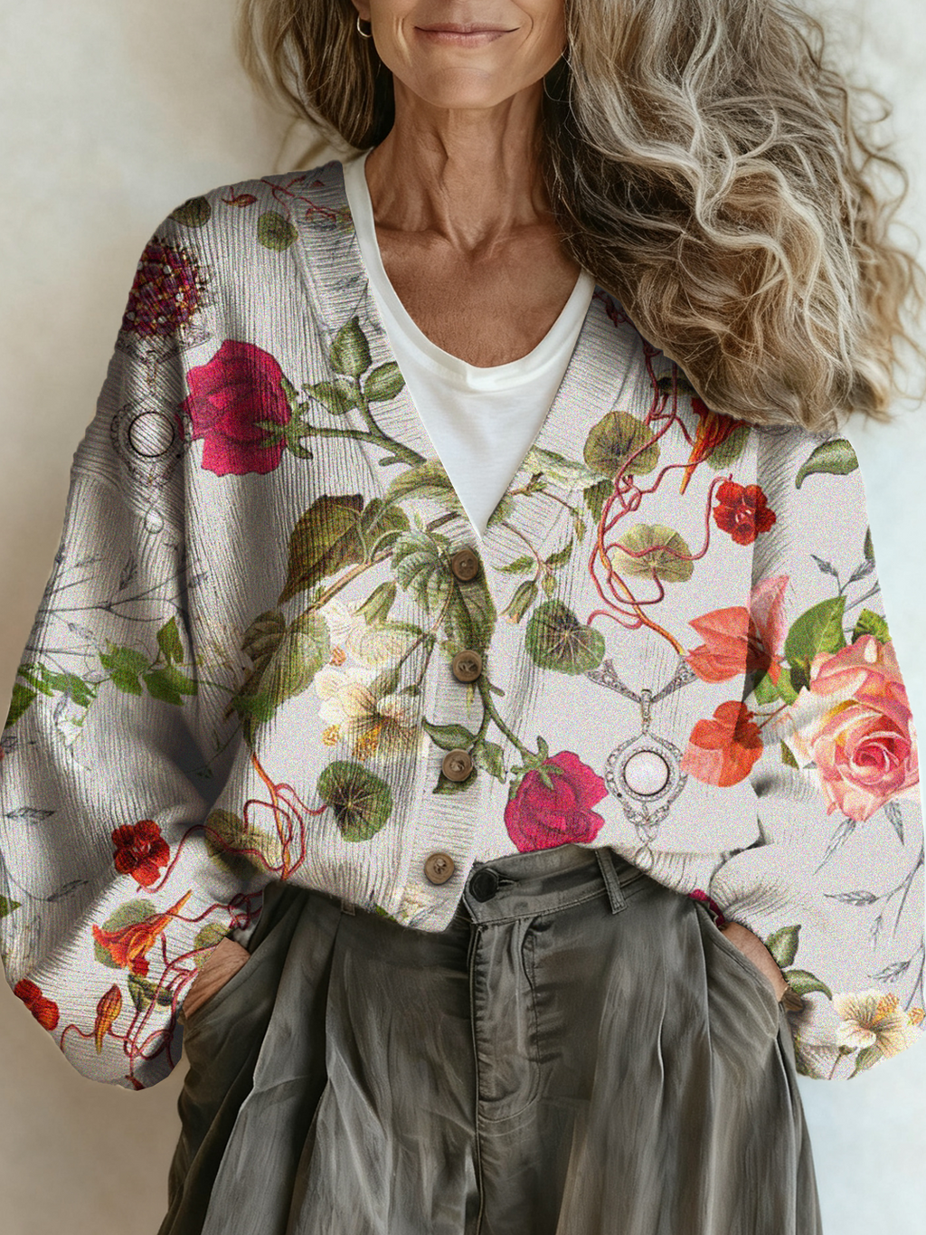 Casual Loose V Neck Floral Cardigan