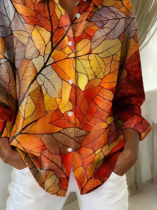 Women's Long Sleeve Shirt Spring/Fall Orange Maple Leaf Buckle Shirt Collar Regular Sleeve Daily Going Out Casual Top