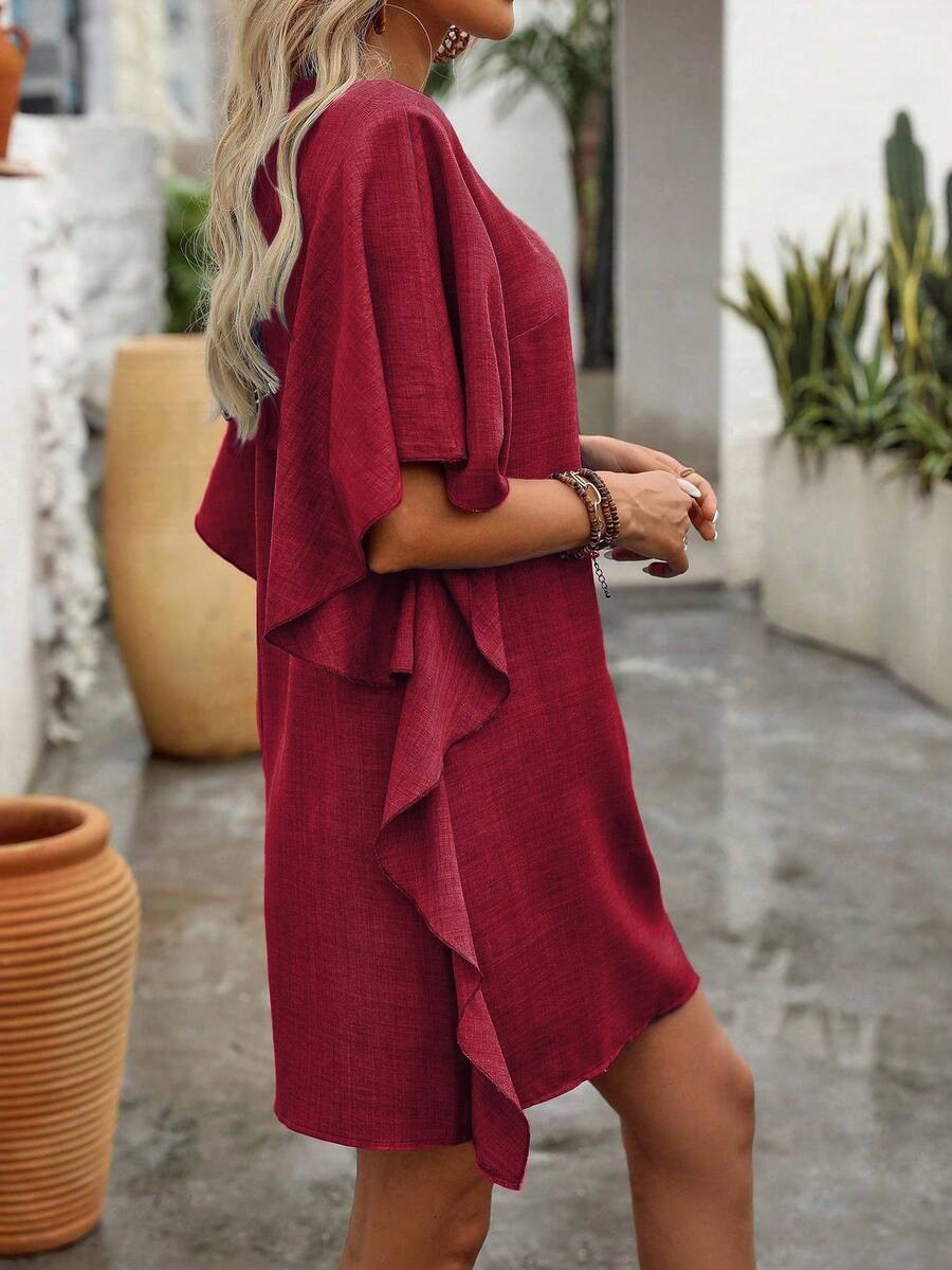 Women's Short Sleeve Summer Khaki Plain Split Joint V Neck Daily Going Out Vintage Mini A-Line Ruffle Skirt Dress
