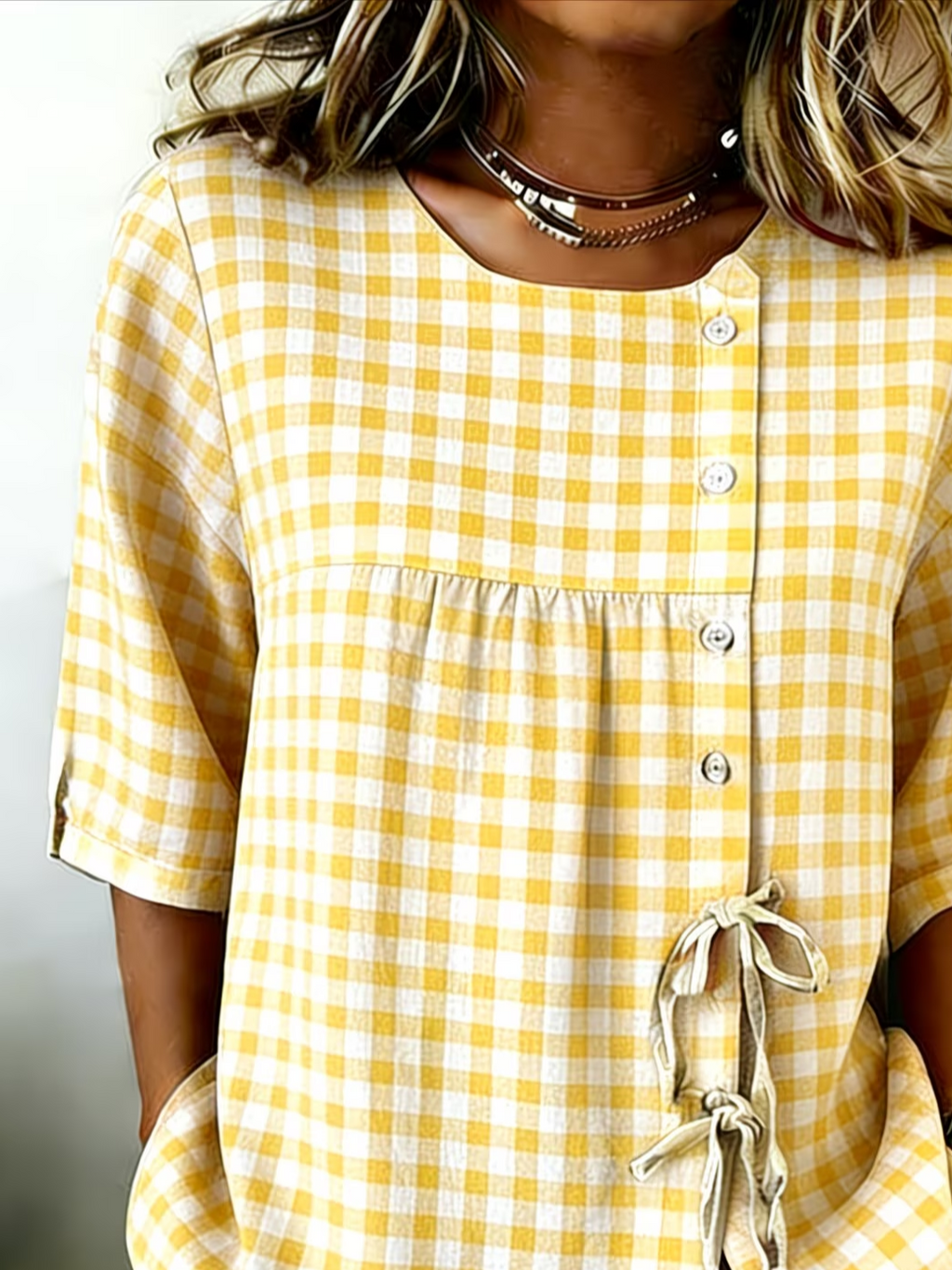 Women's Half Sleeve Shirt Summer Yellow Plaid Crew Neck Daily Going Out Vintage Top