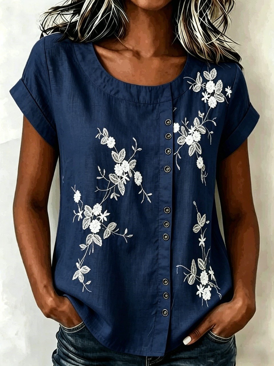 Women's 3D Floral Print Blouse Casual Short Sleeve Crew Neck Loose Button Down Shirt