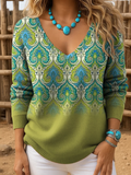 V Neck Simple Ethnic Loose Knit Top