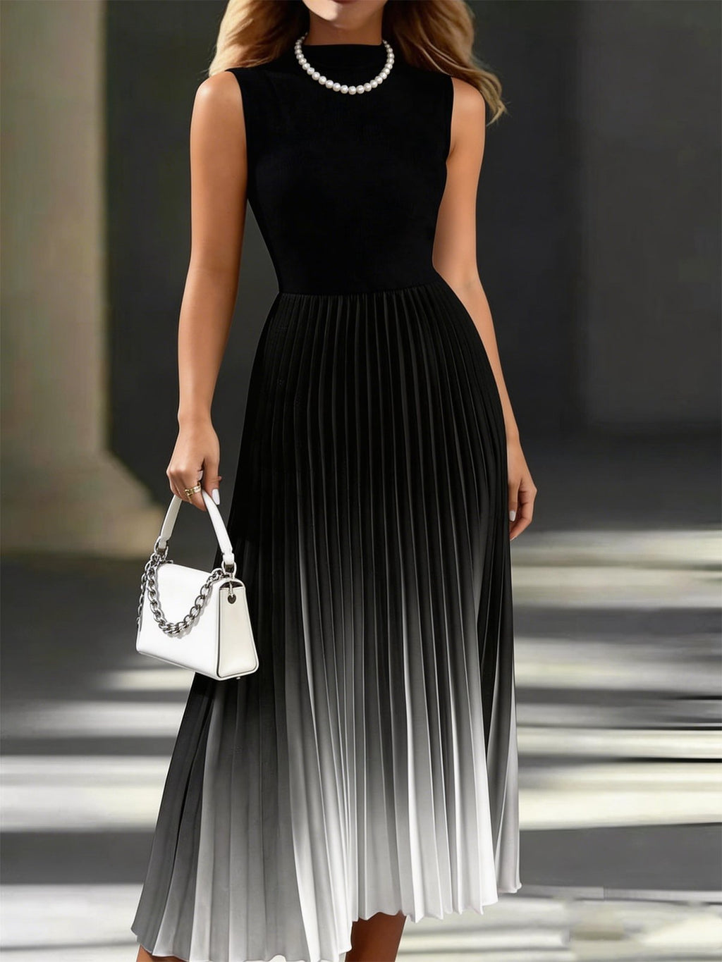 Elegant Gradient Pattern Crew Neck Dress With No