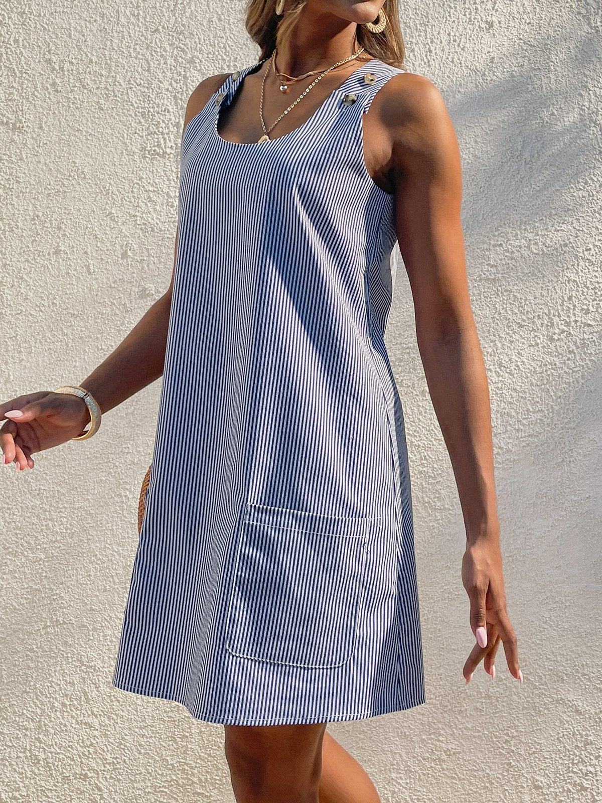 Women Daily Boho Round Neck Pockets Striped Dress