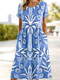 Women's Short Sleeve Summer Blue Floral Printing Round Neck Daily Going Out Casual Maxi A-Line Dress