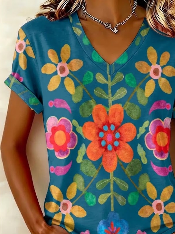 Women's Short Sleeve T-shirt Summer Blue Floral Printing V Neck Holiday Going Out Vintage Top