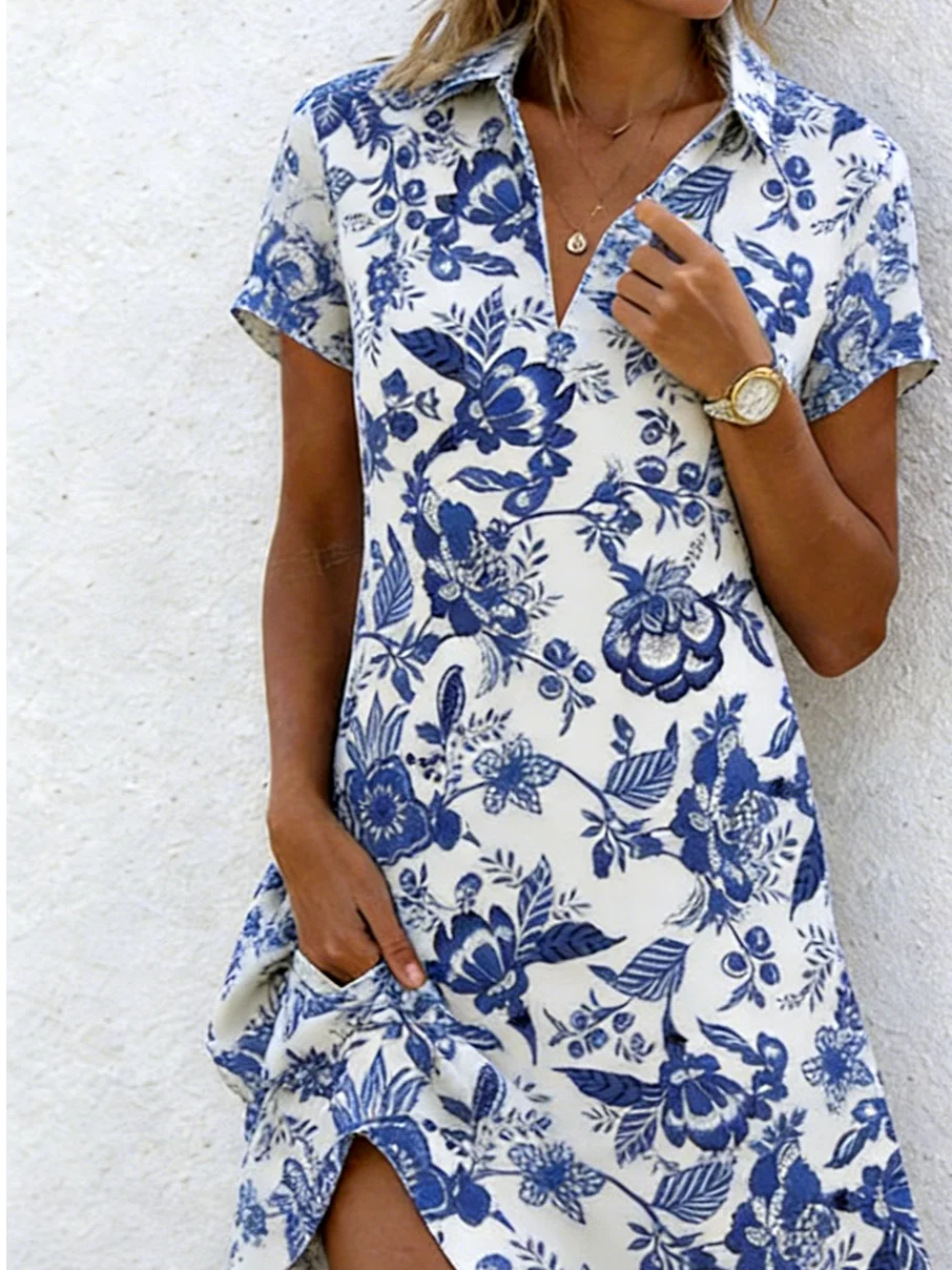 Casual Loose Shawl Collar Shirt Dress With No