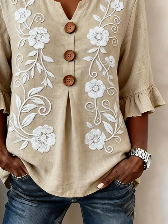 Women's Half Sleeve Blouse Summer Light Khaki Floral Printing V Neck Daily Going Out Vintage Top