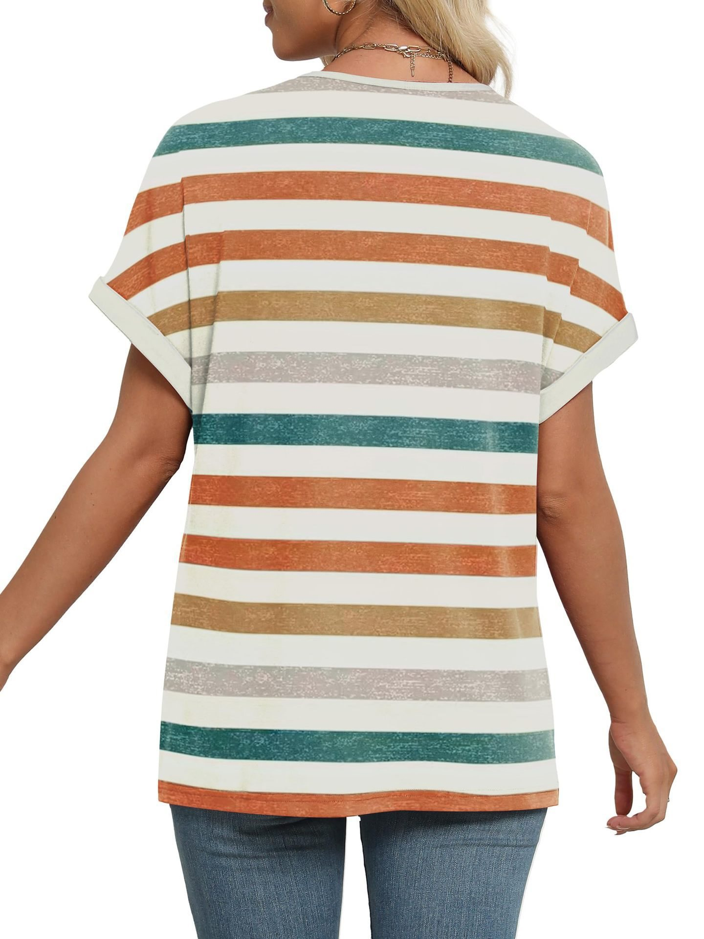 Striped Top Short Sleeve V Neck Casual T-Shirt