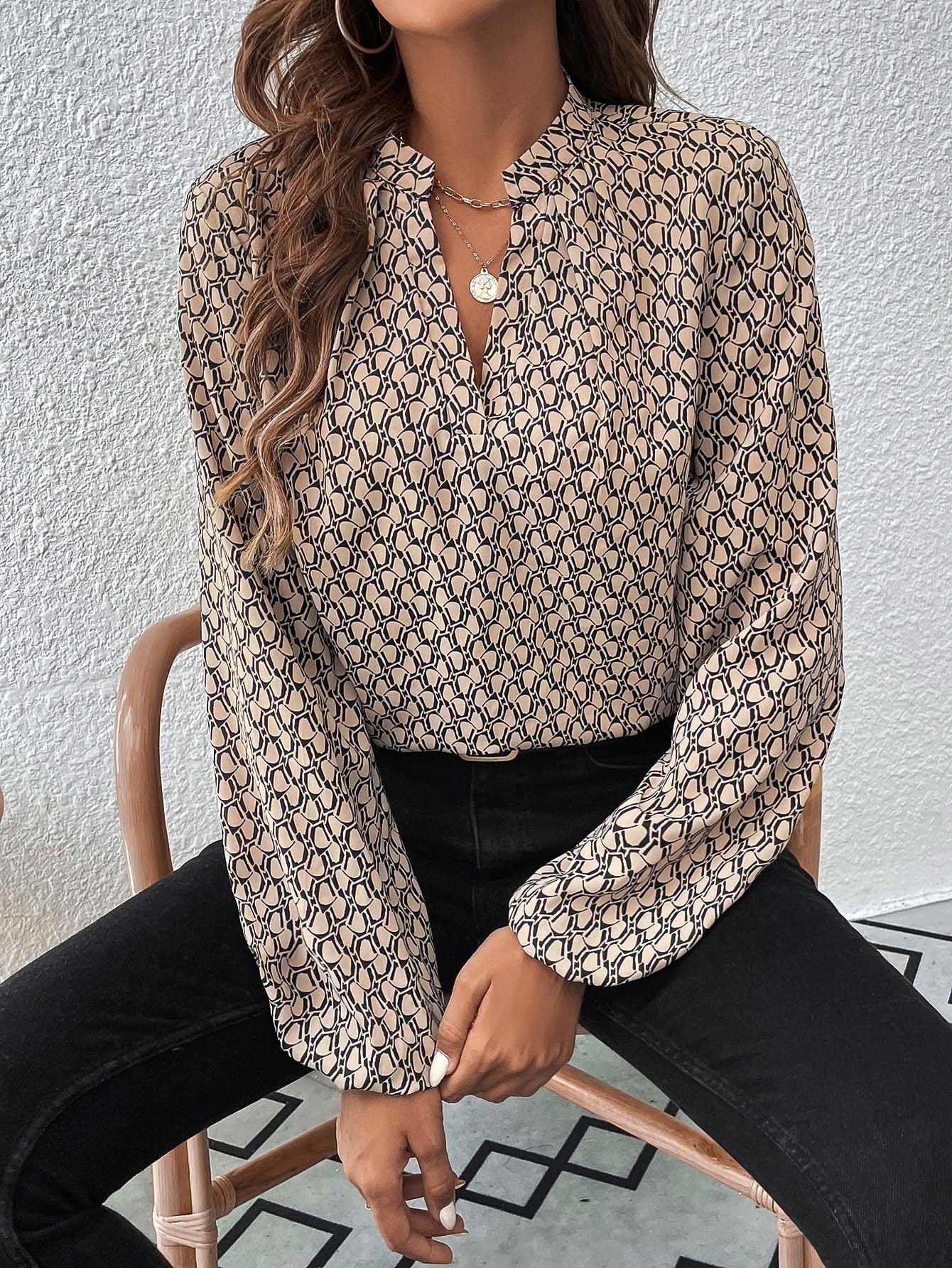 Women's Long Sleeve Shirt Spring/Fall Green Geometric Split Joint V Neck Balloon Sleeve Daily Going Out Casual Top