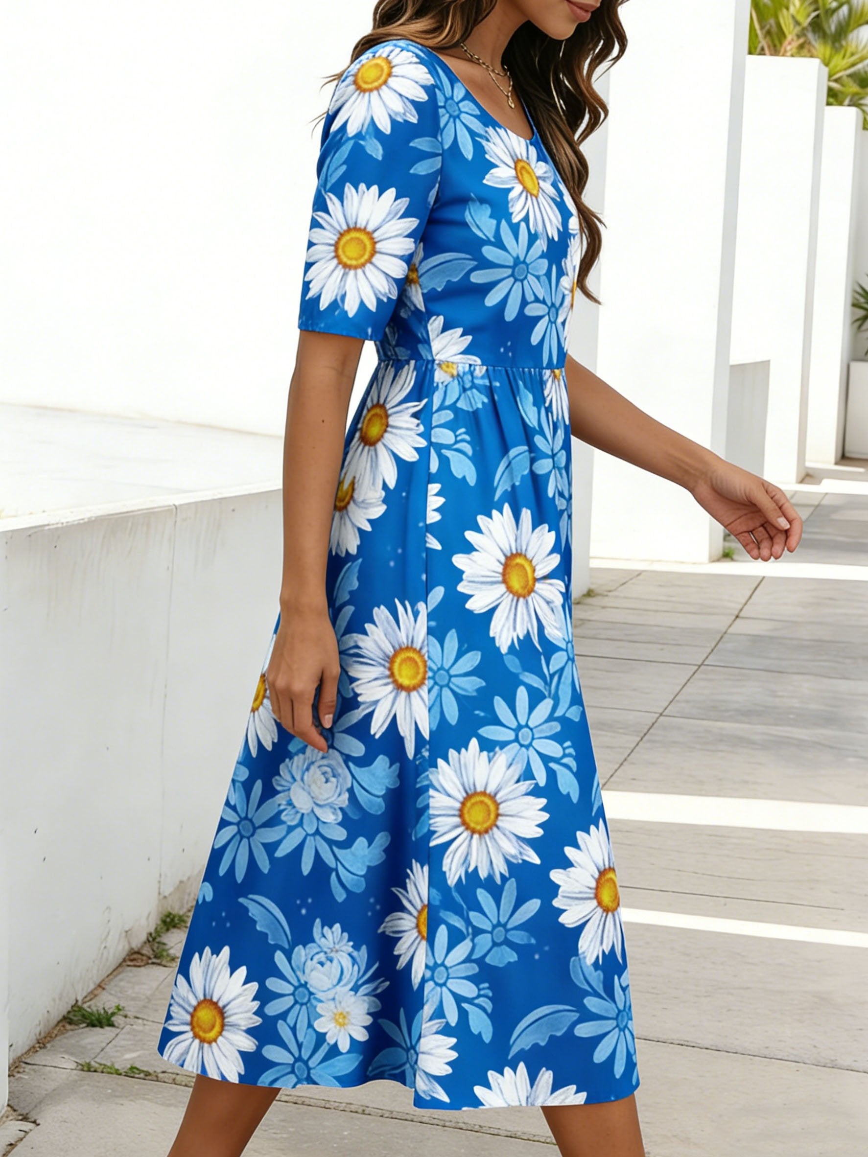 Women's Short Sleeve Summer Blue Daisy Floral Printing Round Neck Daily Going Out Casual Maxi A-Line Dress