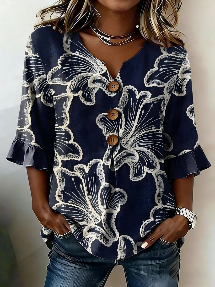 Women's Floral Half Sleeve Blouse Summer White Plain Peplum V Neck Button Daily Going Out Vintage Top