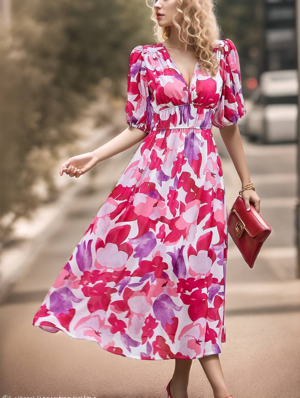 Puff Sleeve V Neck Floral Elegant Dress With No
