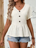 Plain V Neck Short Sleeve Button Daily Casual Top