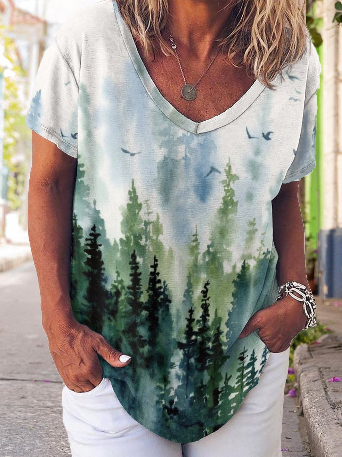 Gradient Botanical Print V-Neck Short Sleeve T-Shirt