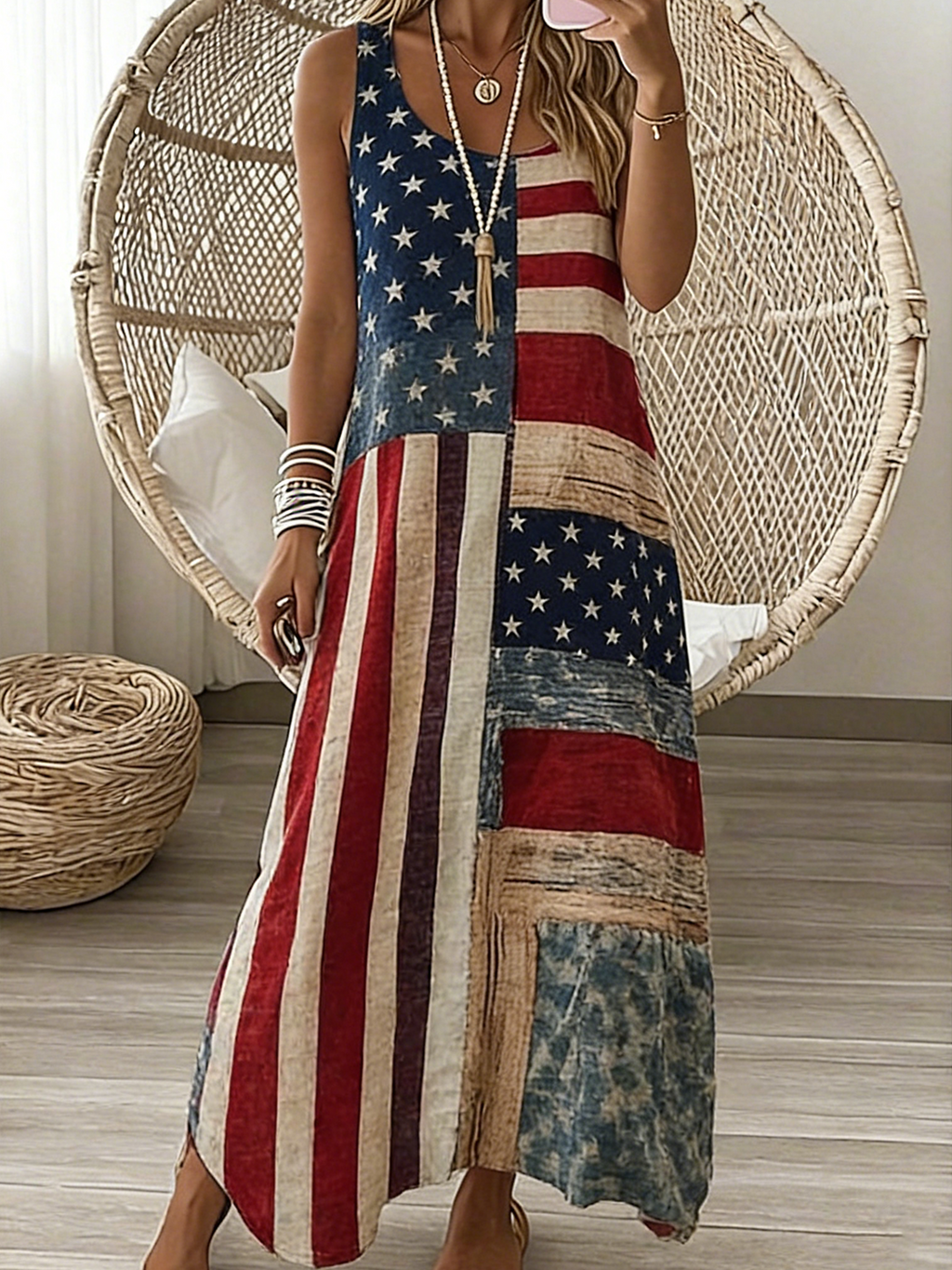 Independence Day Loose Vintage V Neck Dress With No