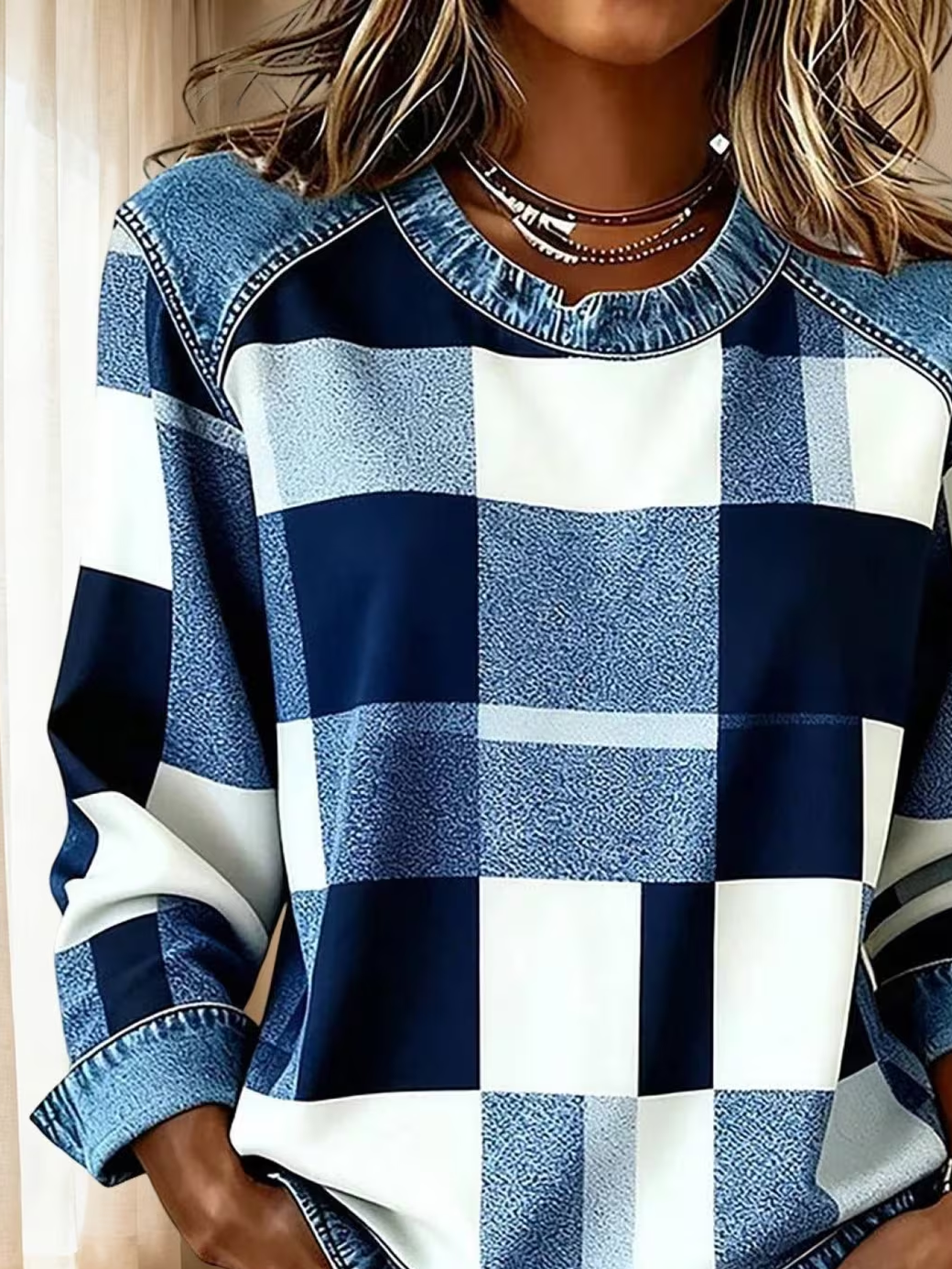 Women's Abstract Plaid Print Patchwork Denim Crewneck Long-Sleeved Sweatshirt