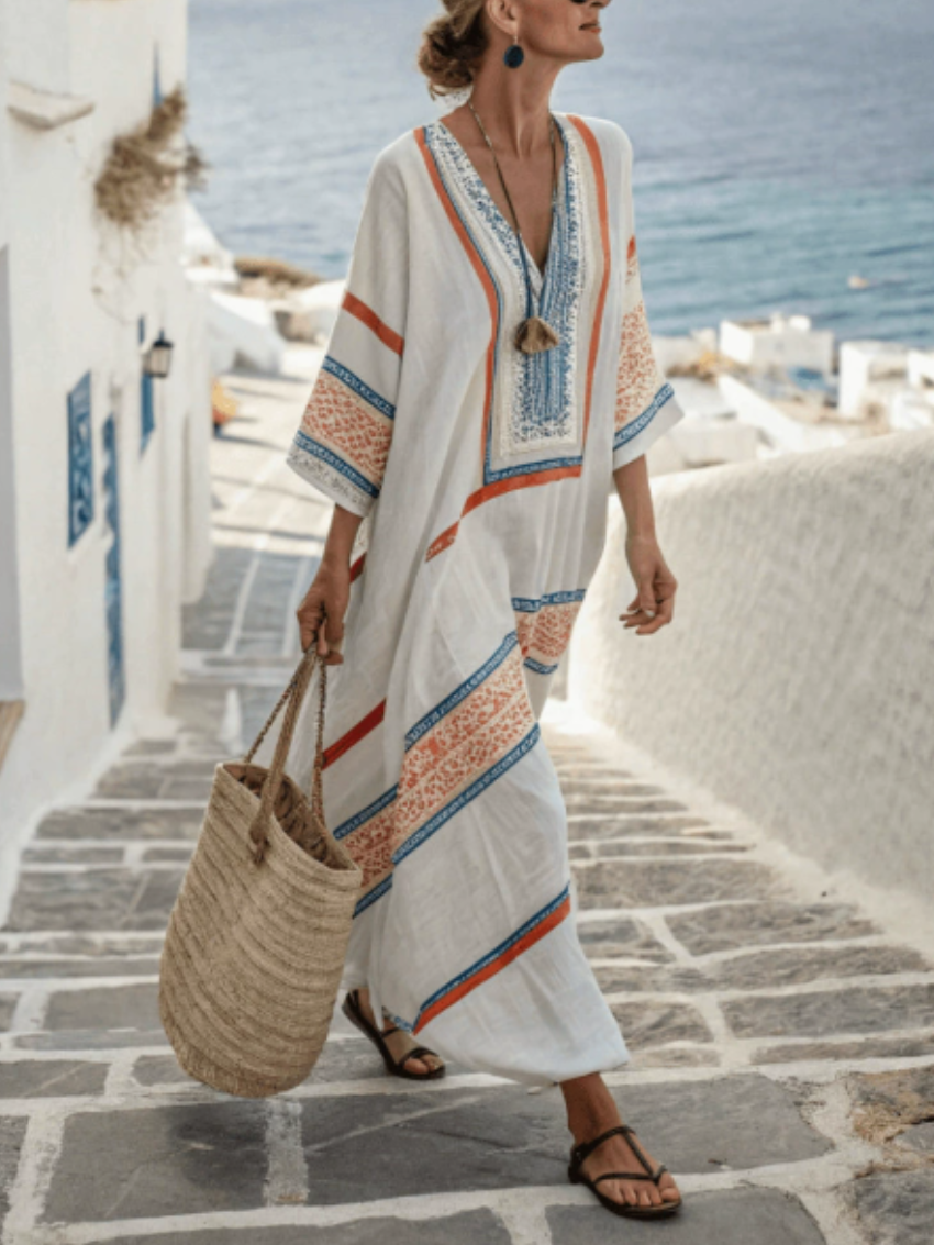 Vacation Geometric V Neck Dress With No