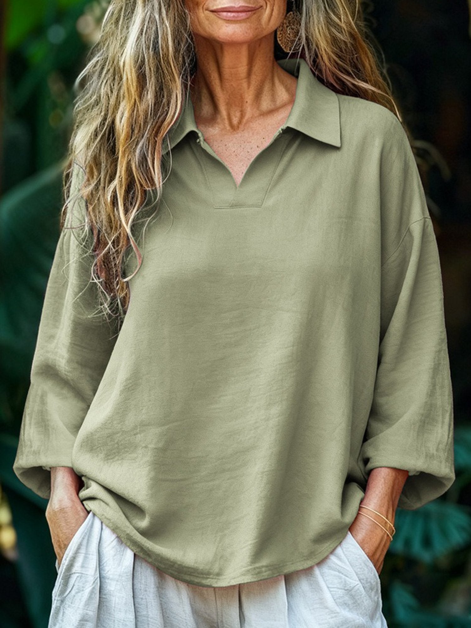 Casual Plain Polo Collar Blouse