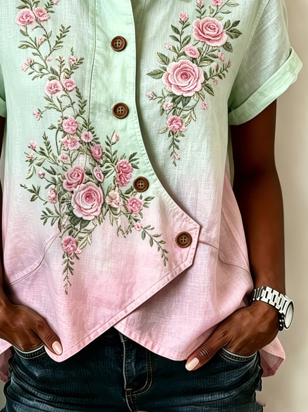 Women's Short Sleeve Shirt Summer Green Floral Printing Shawl Collar Daily Going Out Vintage Top