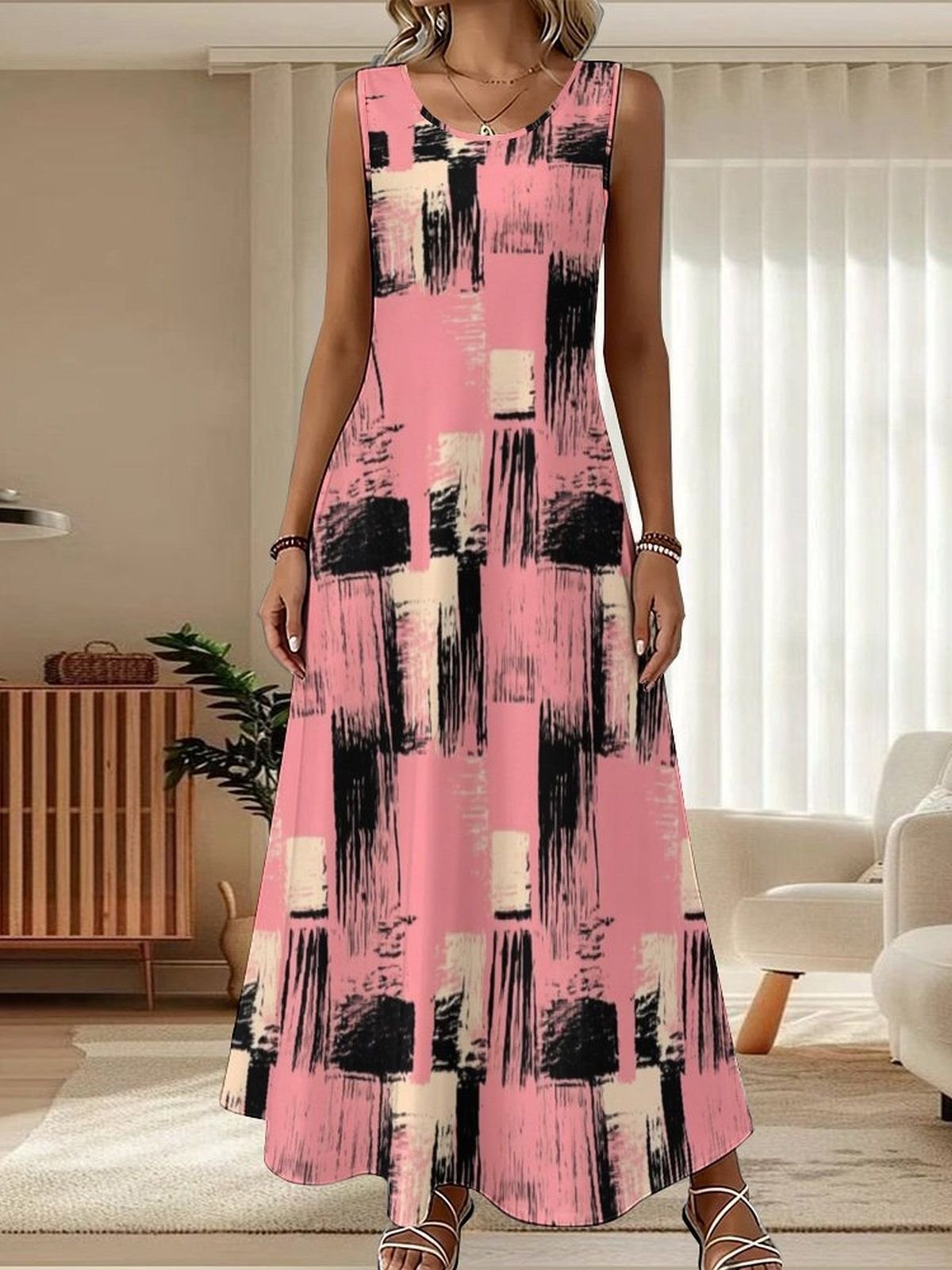 Crew Neck Vintage Gradient Pattern Dress With No